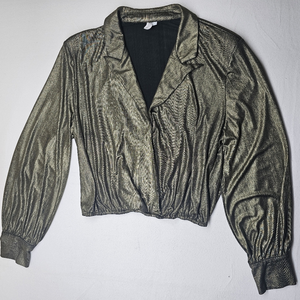 Vintage Gold Metallic Blouse Top Cropped Elastic Waist Long Sleeve Clubwear